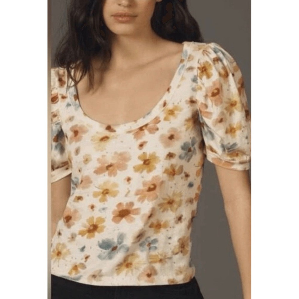 Anthropologie Womens Tee Medium Floral Puff Sleeve Scoop Neck Knit Top